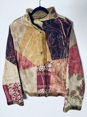 Vintage Baya Earth Tone Patchwork Coat Faux Suede Fleece Trim Whimsigoth L